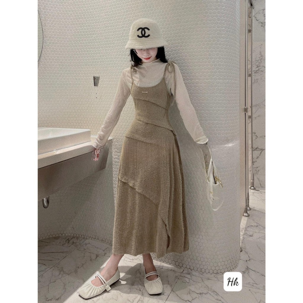 Set váy hai dây mix áo dài tay siêu xinhh