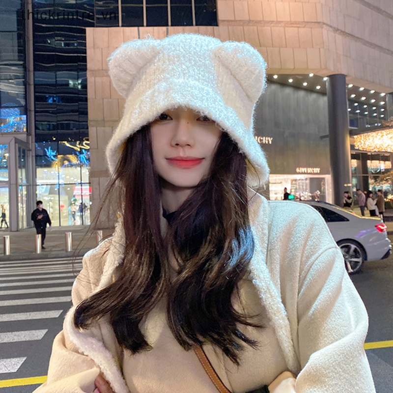Mũ Len Trùm Tai Giữ Ấm Mùa Đông Hình Tai Gấu Dễ Thương