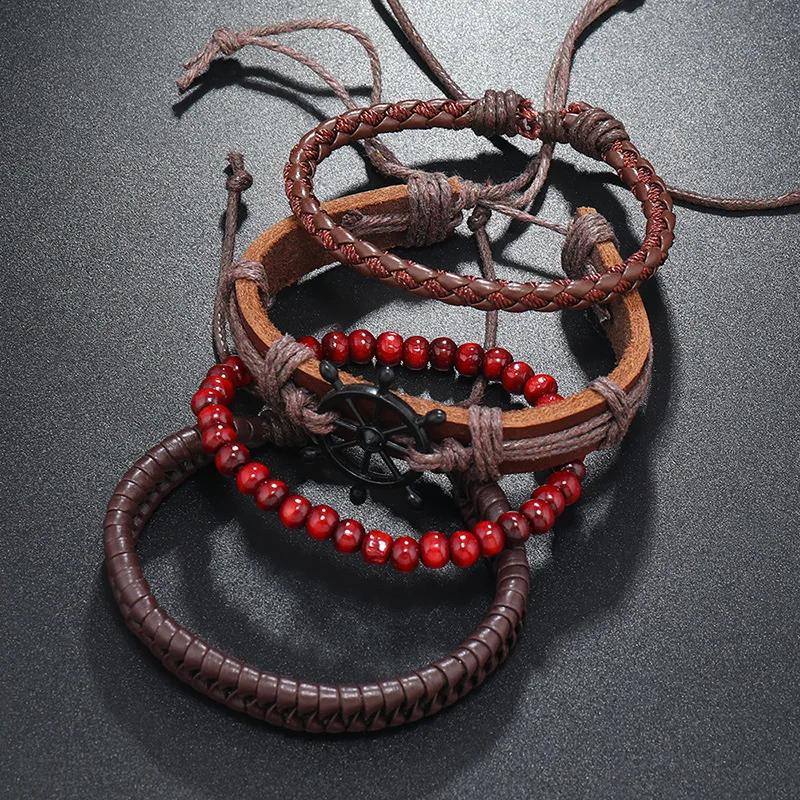 Bộ 4 Vòng Tay Da Bện Đính Hạt Gỗ Phong Cách vintage Cho Nam Nữ