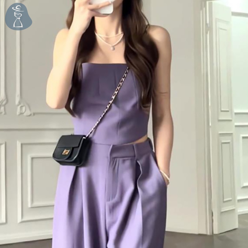 Set Áo Sát Nách Màu Tím + Quần Ống Rộng Lưng Thun Phong Cách Hàn Quốc Mới Cho Nữ joo