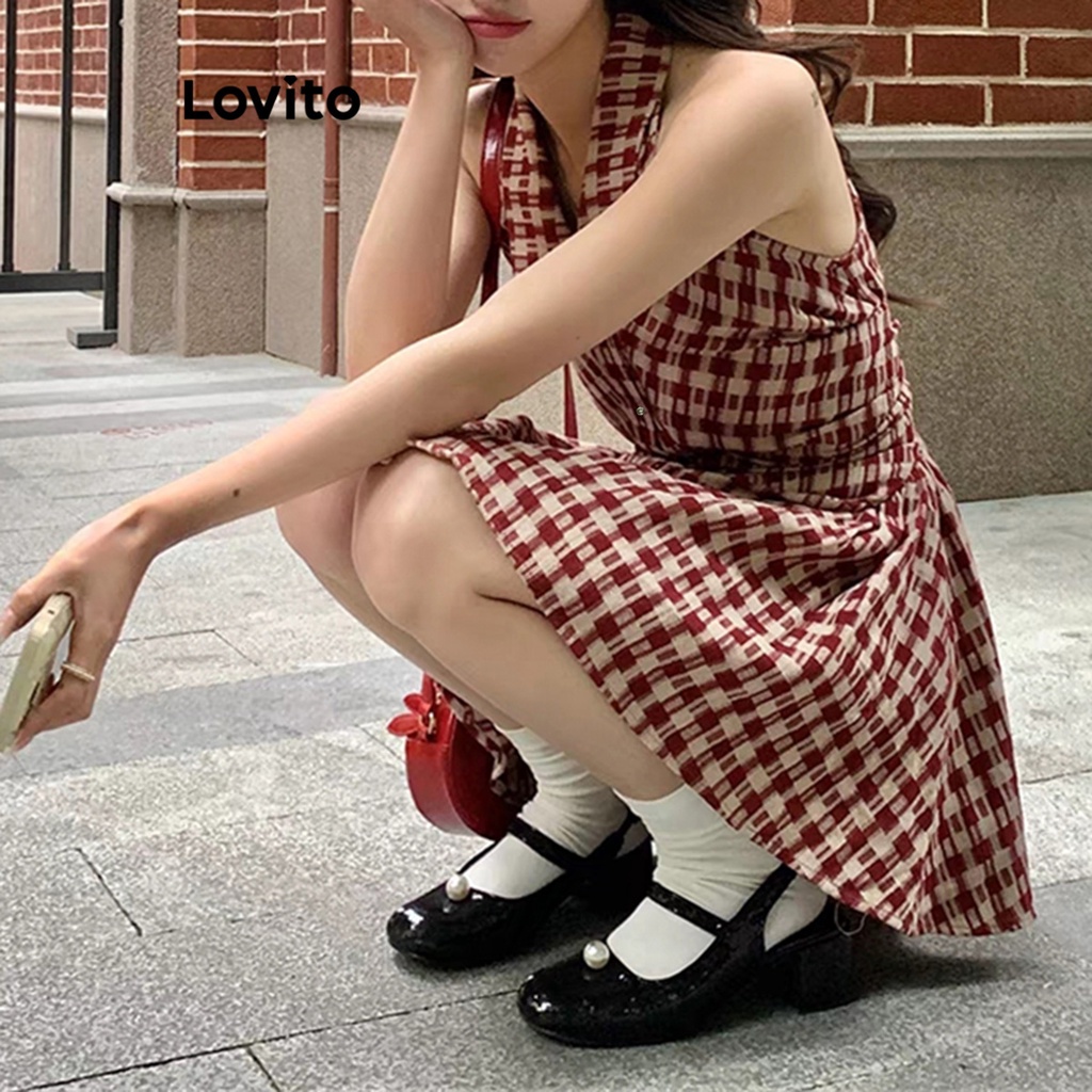 Đầm Lovito cài nút họa tiết kẻ caro thường ngày cho nữ LNA19023