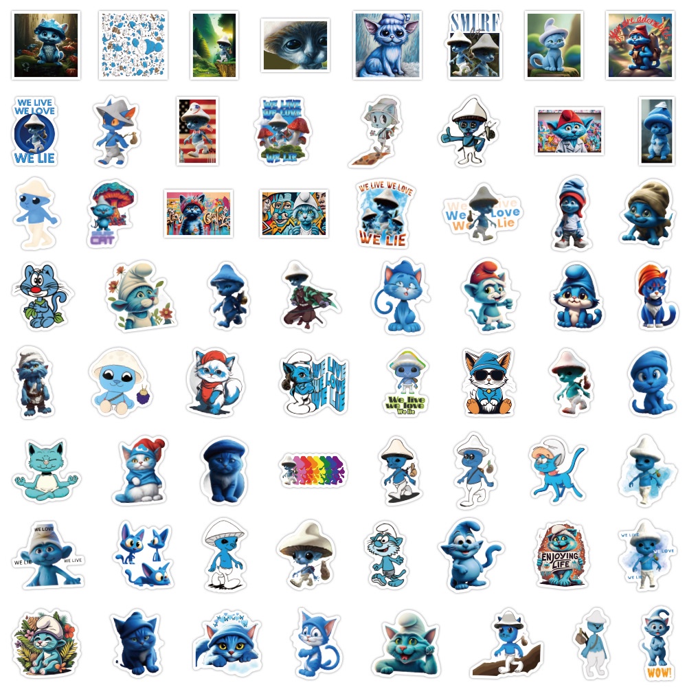 J· Hình Dán Chống Nước Smurf Cat Phim Hoạt Hình Mũ Bảo Hiểm Máy Tính Xách Tay Hành Lý Dán Thiết Lập, 64 tờ