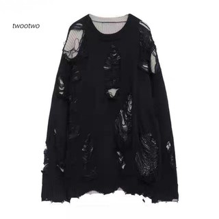 Áo sweater dệt kim tay dài dáng rộng rách lỗ thời trang hip hop đường phố màu trơn ấm áp mùa thu / mùa đông cho nam twt