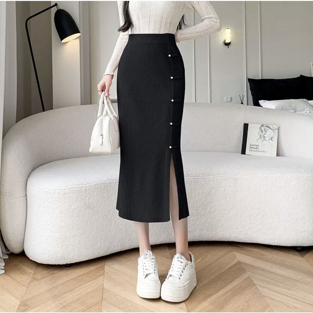 Đầm Lửng Dáng Ôm Xẻ Tà Một Bên Phong Cách Trung Hoa Thời Trang Thu Đông Hàng Mới 2023