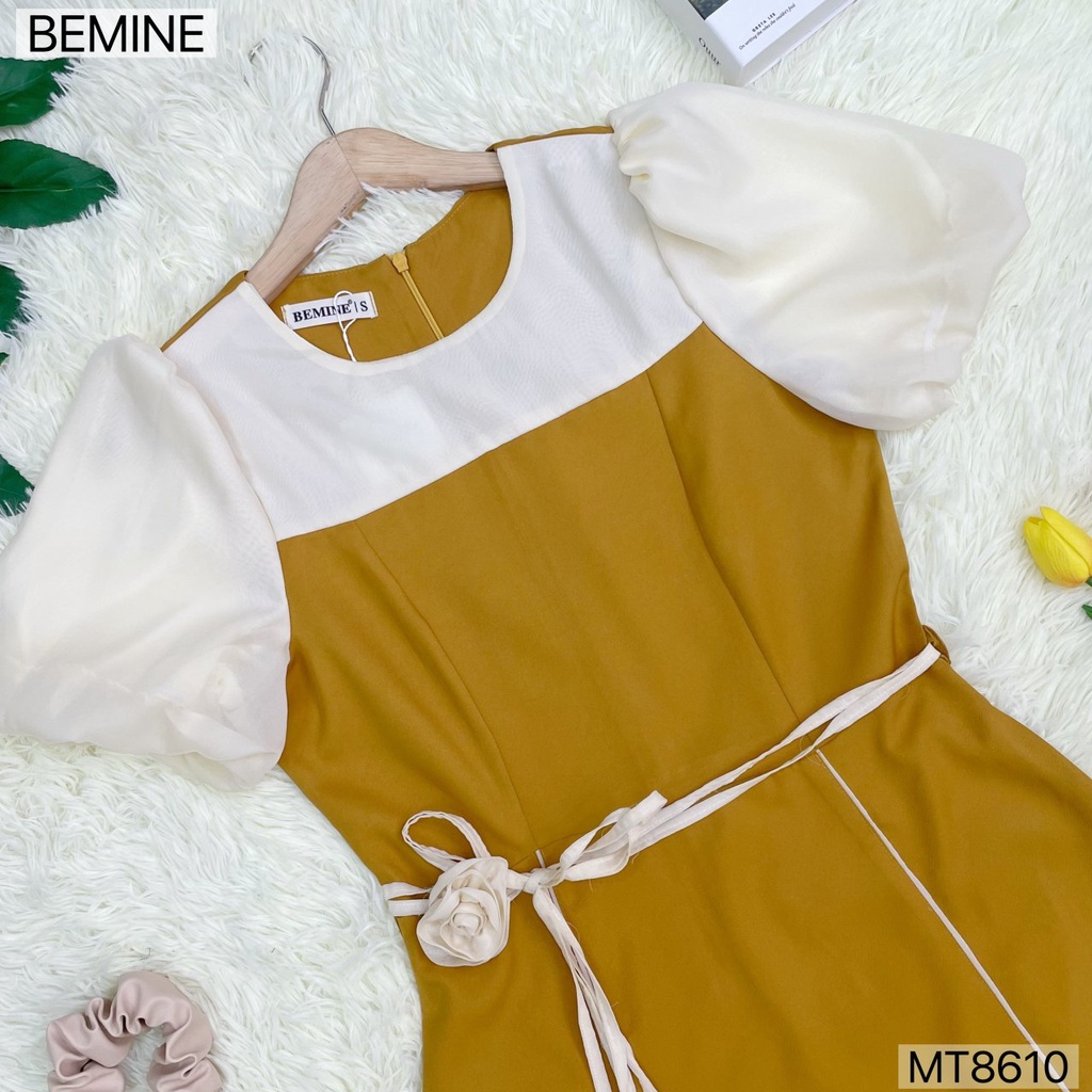 Đầm thiết kế phối tay phồng đính nơ eo BEMINE MT8610