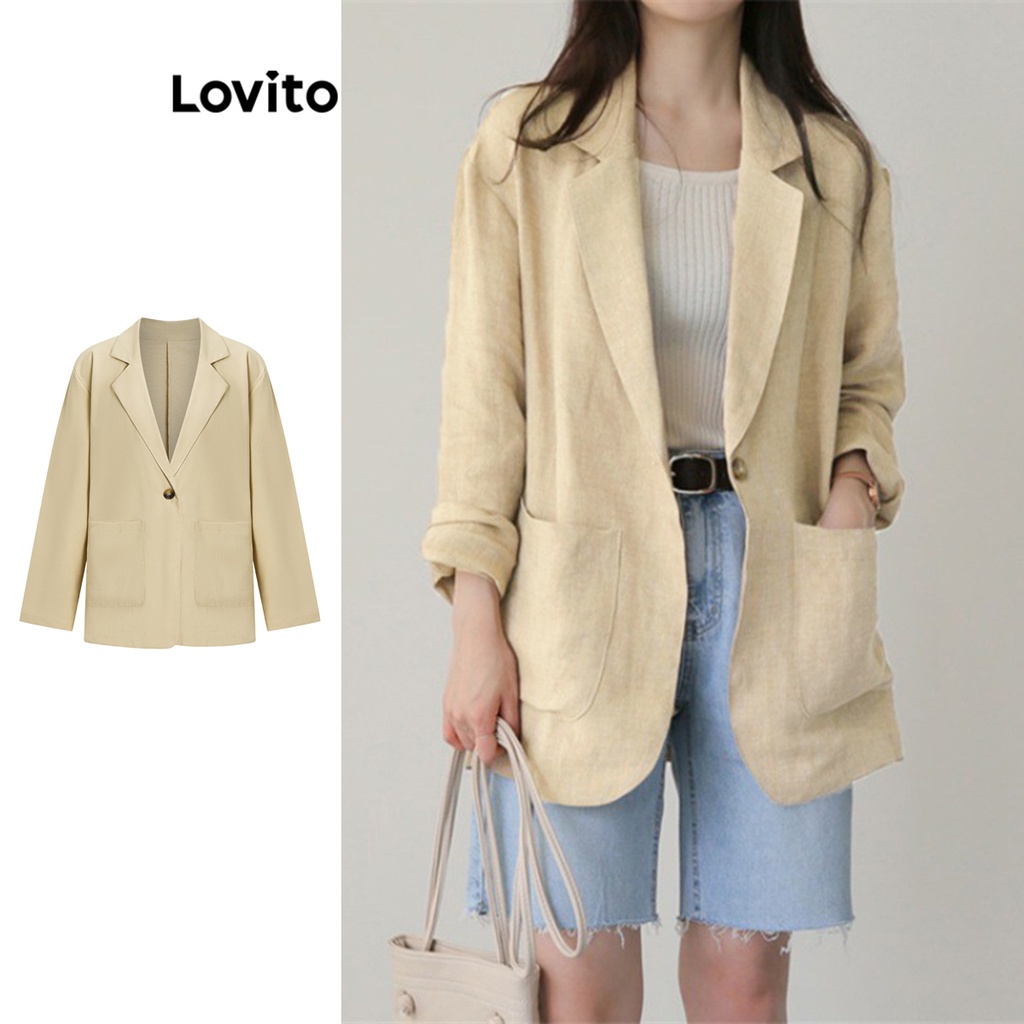 Áo blazer Lovito phối nút có túi màu trơn đơn giản thường ngày cho nữ L62ED077 (màu kaki)