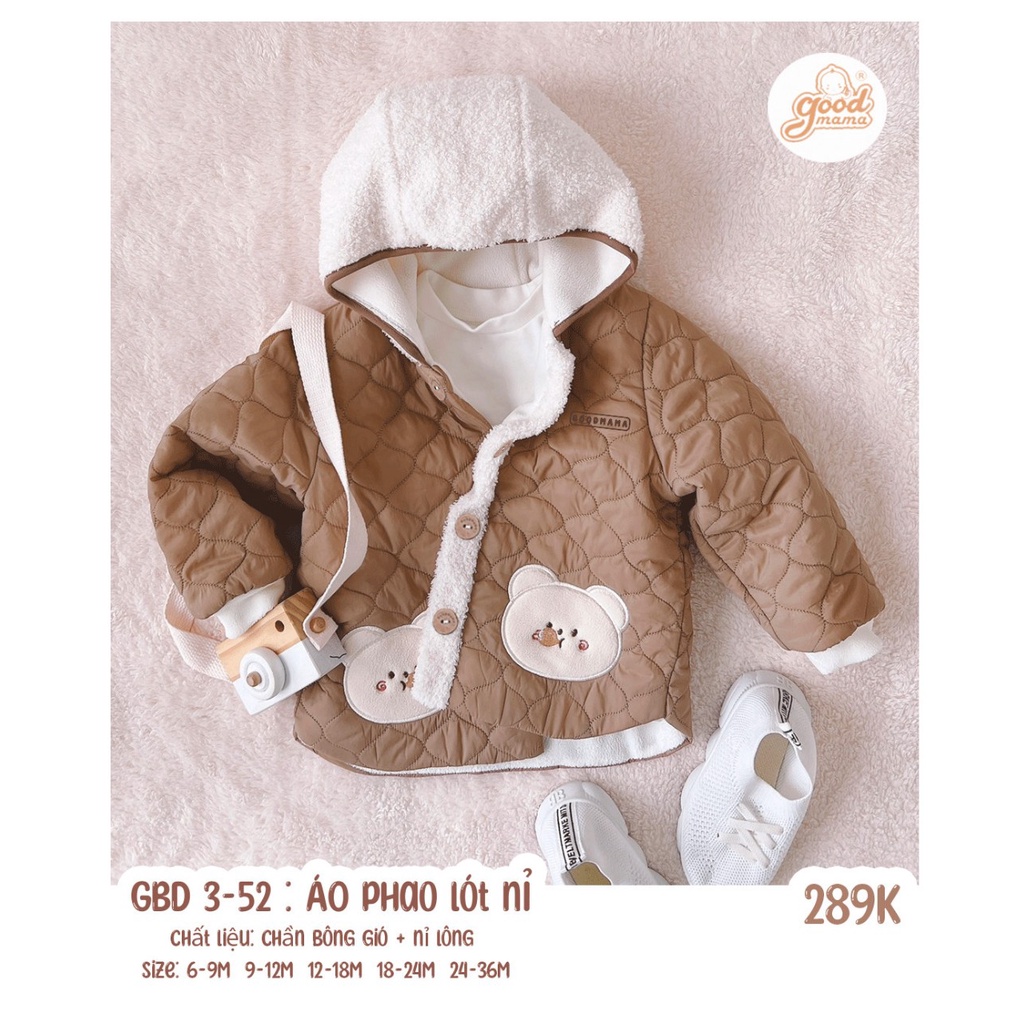 Áo khoác phao nỉ lót lông Goodmama mềm mịn ấm áp cho bé từ 6 tháng đến 3 tuổi