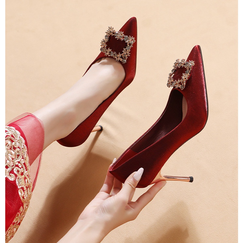 Giày Cao Gót 6cm 9cm Mũi Nhọn Đính Đá Màu Đỏ Quyến Rũ Thời Trang Phong Cách Hàn Quốc Cho Nữ
