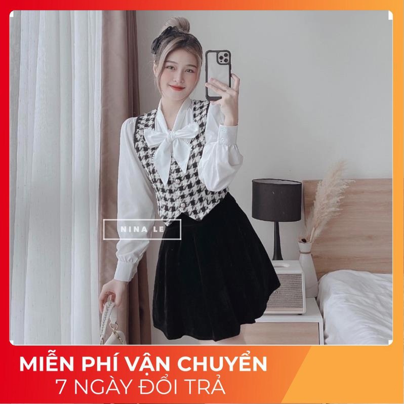 BS21 Bon Store Set Dạ 2 Món Áo Gile Kẻ Liền Sơ Mi Trong Siêu Dễ Thương phong Cách Hàn Quốc Có Ảnh Thật