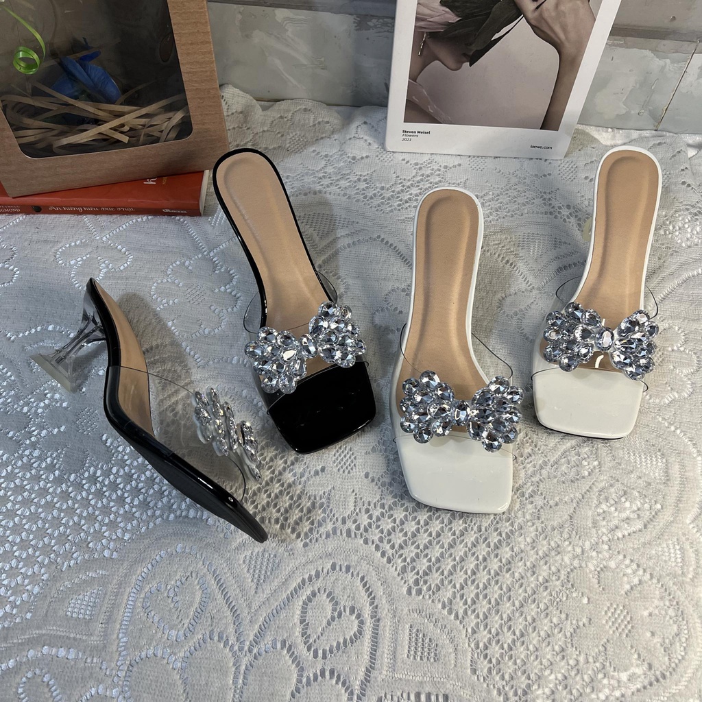 Dép quai trong gót ly bigsize nơ đính đá cao 7 cm size 40-44