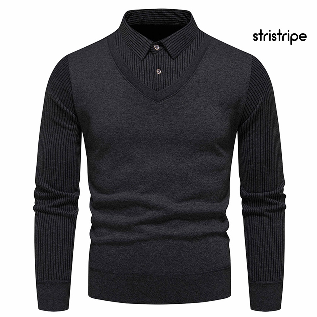 Áo Len Đan Mềm Mại Họa Tiết Sọc Hai Mảnh Cài Nút Dáng Ôm Cho Nam