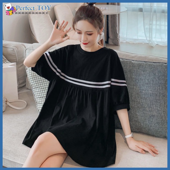 Sf Đầm Thun Ngắn Tay Dáng Rộng Họa Tiết Kẻ Sọc Màu Tương Phản Thời Trang Cho Mẹ Bầu
