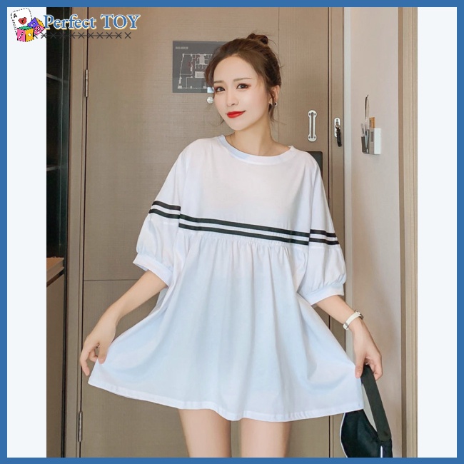 Sf Đầm Thun Ngắn Tay Dáng Rộng Họa Tiết Kẻ Sọc Màu Tương Phản Thời Trang Cho Mẹ Bầu