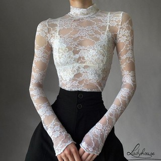 Ldd-áo Crop top thời trang mùa hè dành cho nữ Áo thun dài tay màu trắng cổ ren hoa mỏng