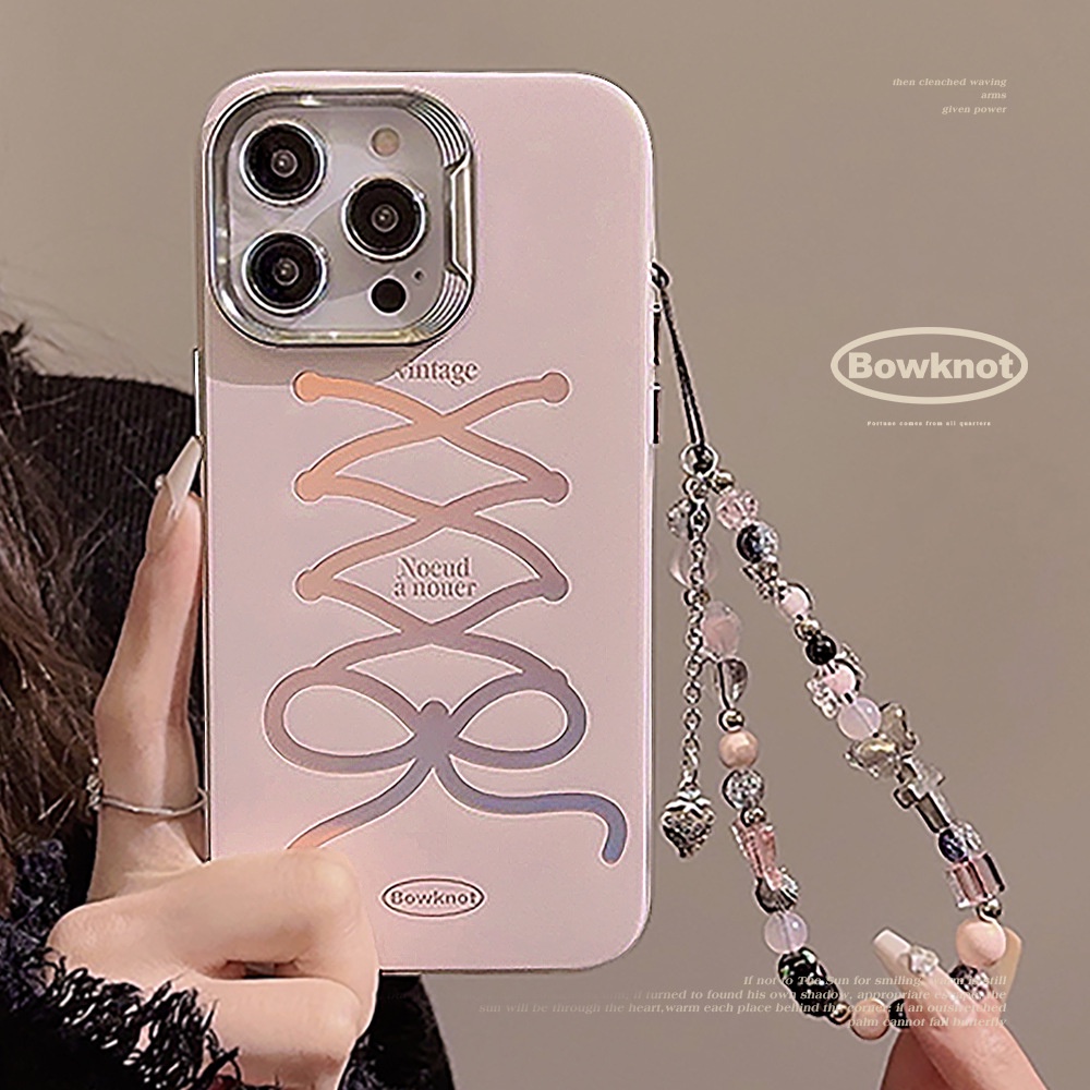 Ốp Điện Thoại tpu Silicon Mạ Điện Chống Rơi Hình Nơ Hồng Phối Dây Xích Cho iphone 12 13 14 15 pro max plus