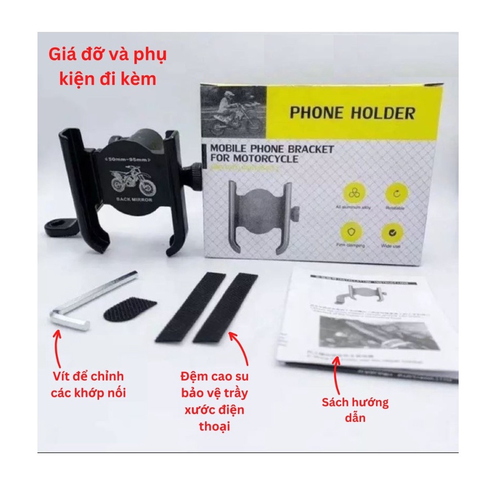 Giá đỡ điện thoại Xe Máy M3 Kim Loại Cao Cấp C2 xoay 360 độ, gắn gương trái phải đều được, Kẹp điện thoại xe máy XM02