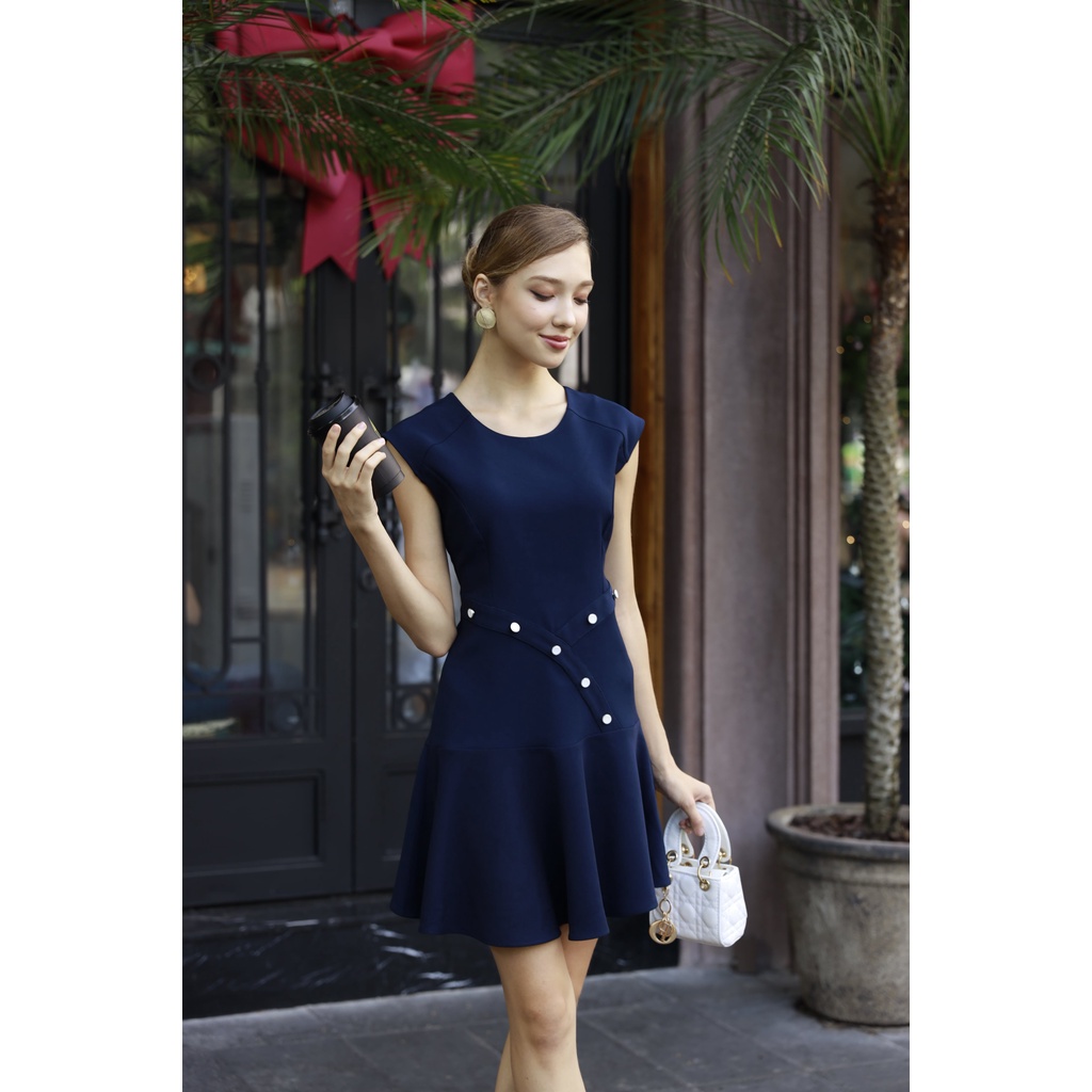 Đầm Asymmetric phối nút - NAVY - YV LE & CO