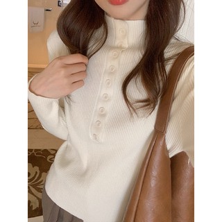 Áo Sweater Tay Dài Cổ Cao Một Hàng Nút Màu Trơn Thời Trang Thu Đông Cho Nữ