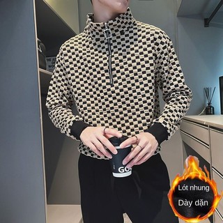 Áo Thun Tay Dài Cổ Lọ Lót Nhung Dày Dặn Phối Khóa Kéo Thời Trang Thu Đông Cho Nam