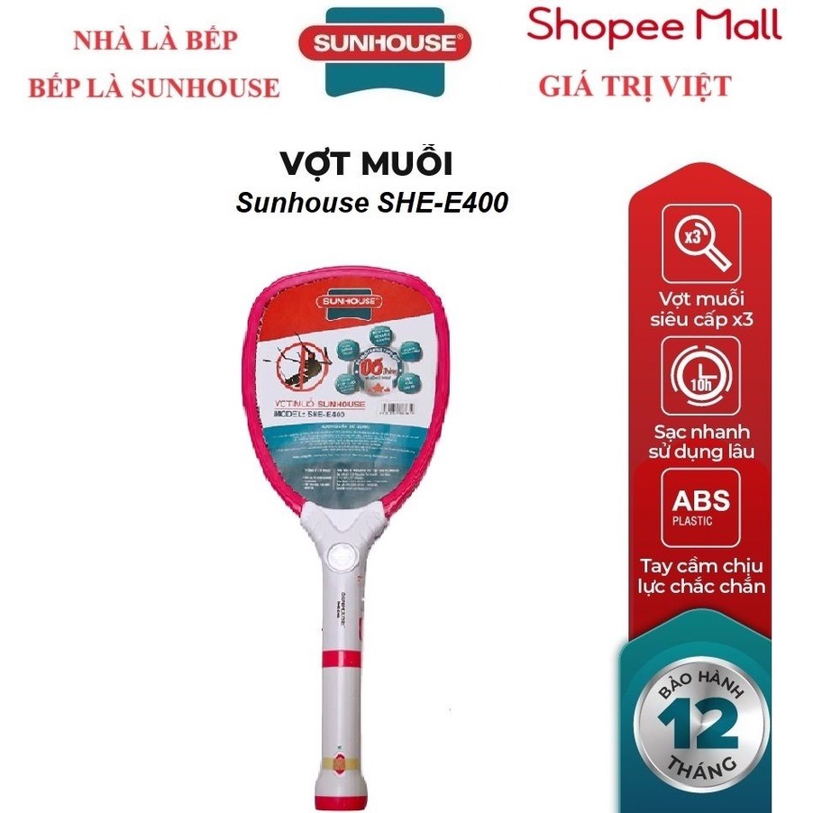 Vợt muỗi SUNHOUSE SHE-E400 ( hồng) SHE-1702 (Vàng ), Tích hợp đèn LED siêu sáng và đèn báo sạc, Thân