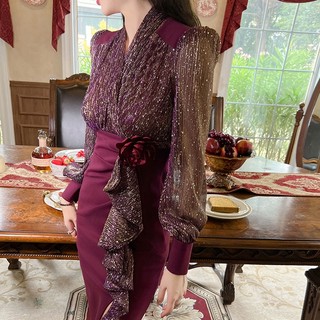 Đầm Ôm Dáng Tay Phồng Xẻ Tà Phối Bèo Mẫu Mới 2024 Phong Cách Pháp Thời Trang Mùa Xuân 50749