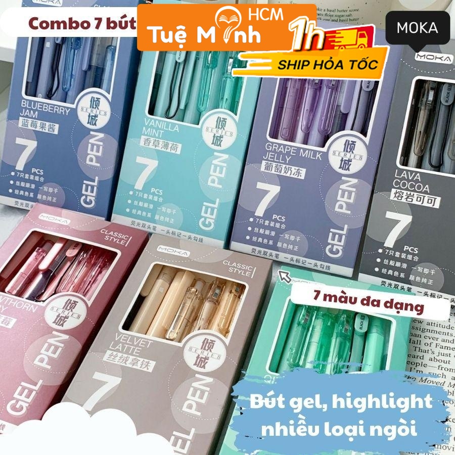 Combo 7 bút Moka B98 set bút thiết kế đa dạng, full loại ngòi bút gel