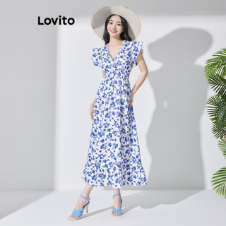 Đầm Lovito dún thun lai bèo xếp nếp hoa nhí boho cho nữ LBL07198