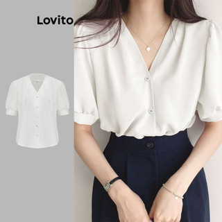 Áo kiểu nữ Lovito diềm xếp nếp màu trơn phong cách thường ngày L95ED581