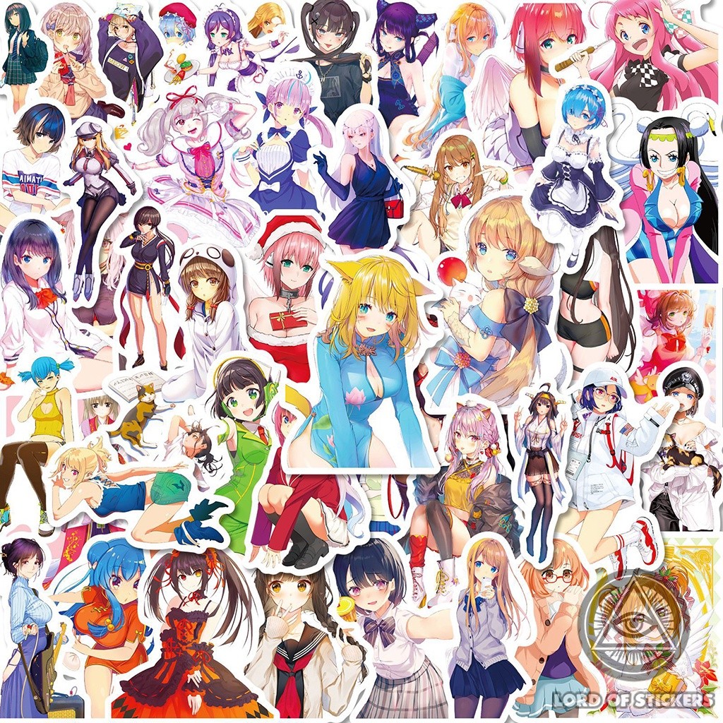 Set 50 Miếng Dán Sticker Anime Waifu Cute Girl Hình Cô Gái Dễ Thương Chống Thấm Nước Trang Trí Mũ Bả