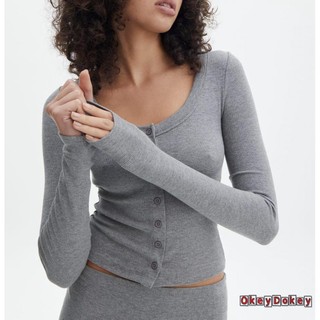 Áo Croptop Tay Dài Cổ Tròn Dáng Ôm Phối Nút Phía Trước Thời Trang Cho Nữ