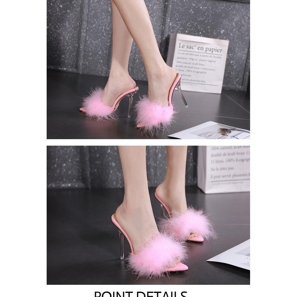 Giày Cao Gót Mũi Nhọn Đính Lông Vũ Phong Cách Hàn Quốc Dành Cho Nữ  wish