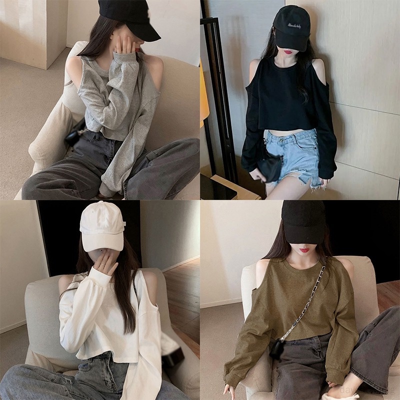 Áo Croptop Nữ Thun Tay Dài Cổ Tròn Hở Vai Thời Trang Thu Đông Mới Dành Cho Nữ
