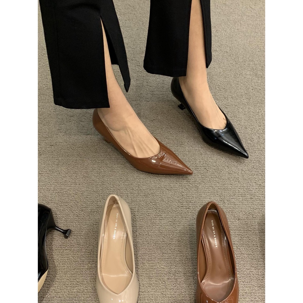 Giày Cao Gót Da Bóng Mũi Nhọn Màu nude Thời Trang Hàn Quốc 2023