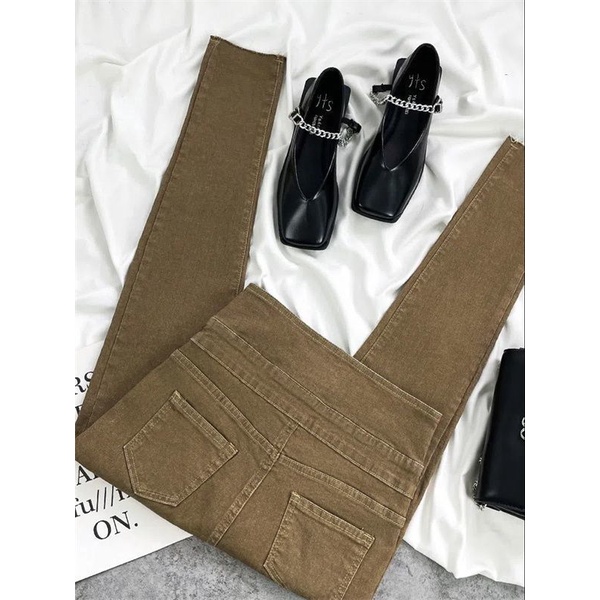 Quần Jean Kaki Lưng Cao Ôm Dáng Nhiều Nút Phong Cách retro Mùa Đông 2023 Cho Nữ