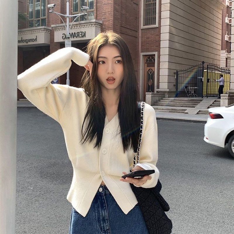 COZOK Áo cardigan Dệt Kim Tay Dài Cổ Chữ v Chiết Eo Phong Cách Thời Trang retro