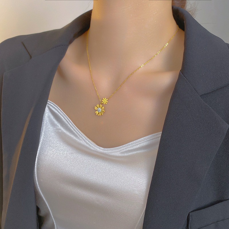 Bộ Vòng cổ + Bông Tai Bằng Thép Titan Hình Hoa Cúc Phong Cách Hàn Quốc Đơn Giản Thời Trang Mùa Hè Cho Nữ