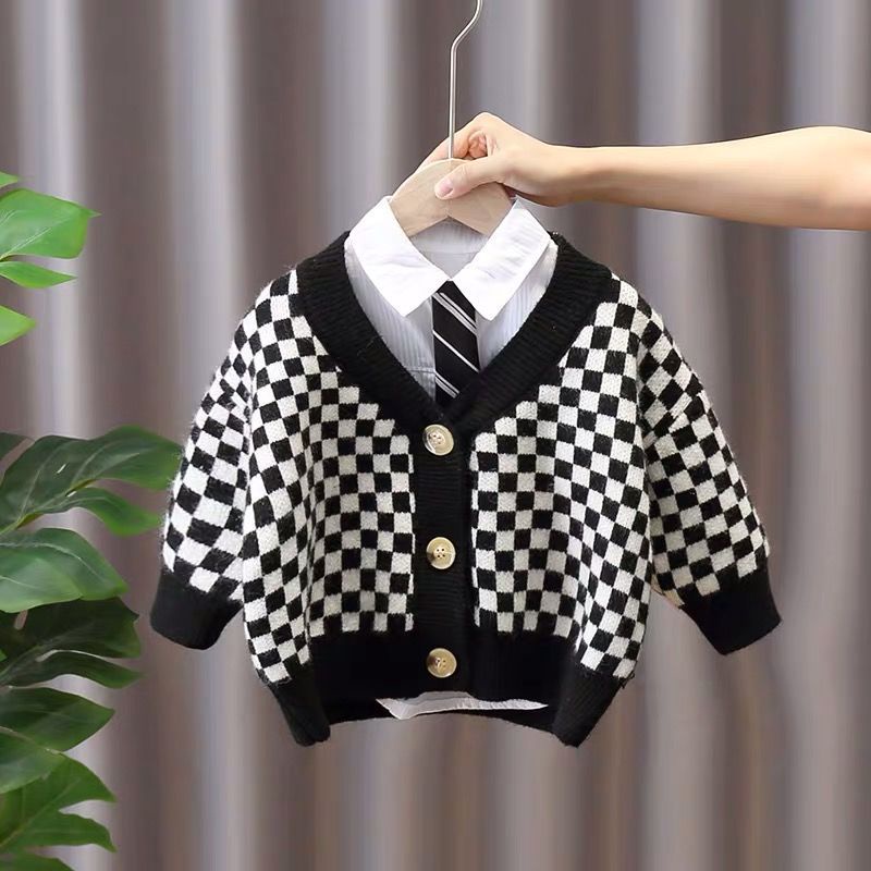Áo Khoác cardigan Dệt Kim Sọc Ca Rô Đen Trắng Thời Trang Xuân Thu Cá Tính Dành Cho Bé
