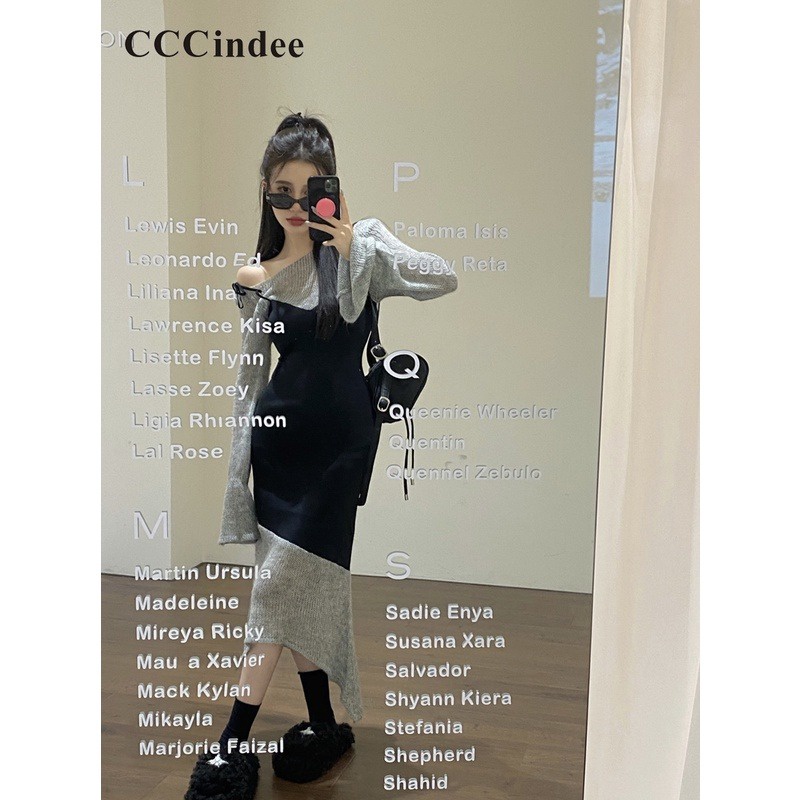 Cccindee Đầm Nữ Tay Dài Hở Vai Phối Màu Tương Phản Thời Trang 2023