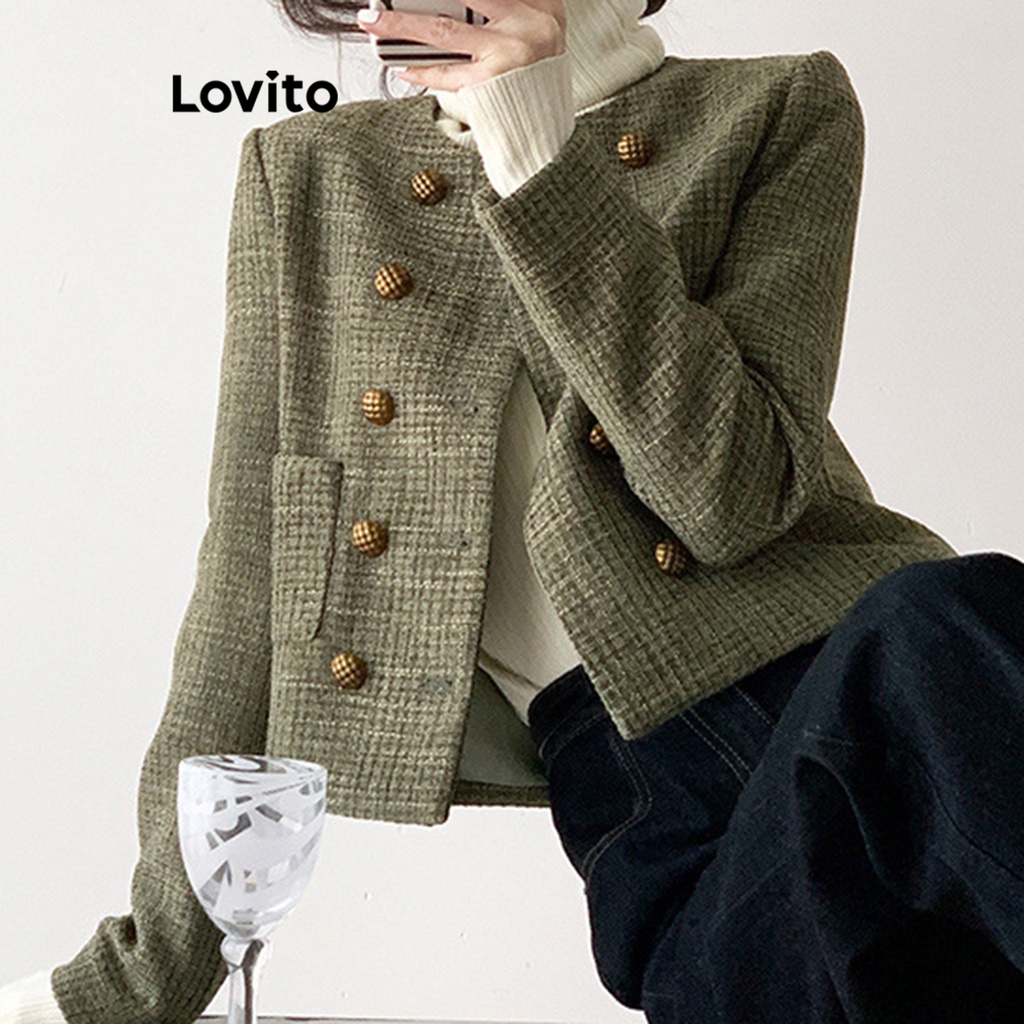 Áo blazer Lovito phối túi cài nút đôi màu trơn thường ngày cho nữ LNA16055
