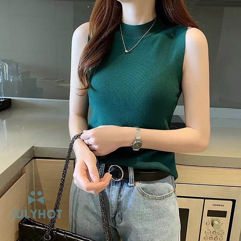 Áo Dệt Kim Sát Nách Cổ Lọ Màu Trơn Thời Trang Mùa Hè Cho Nữ