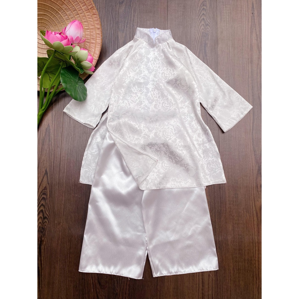 Bộ đồ áo dài trắng tay dài vải lụa gấm cho em bé gái size 9-27kg