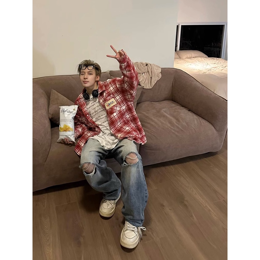 Áo Sơ Mi Tay Dài Dáng Rộng Họa Tiết Kẻ Sọc Màu Sắc Thời Trang Đường Phố Mỹ Cho Nam Và Nữ