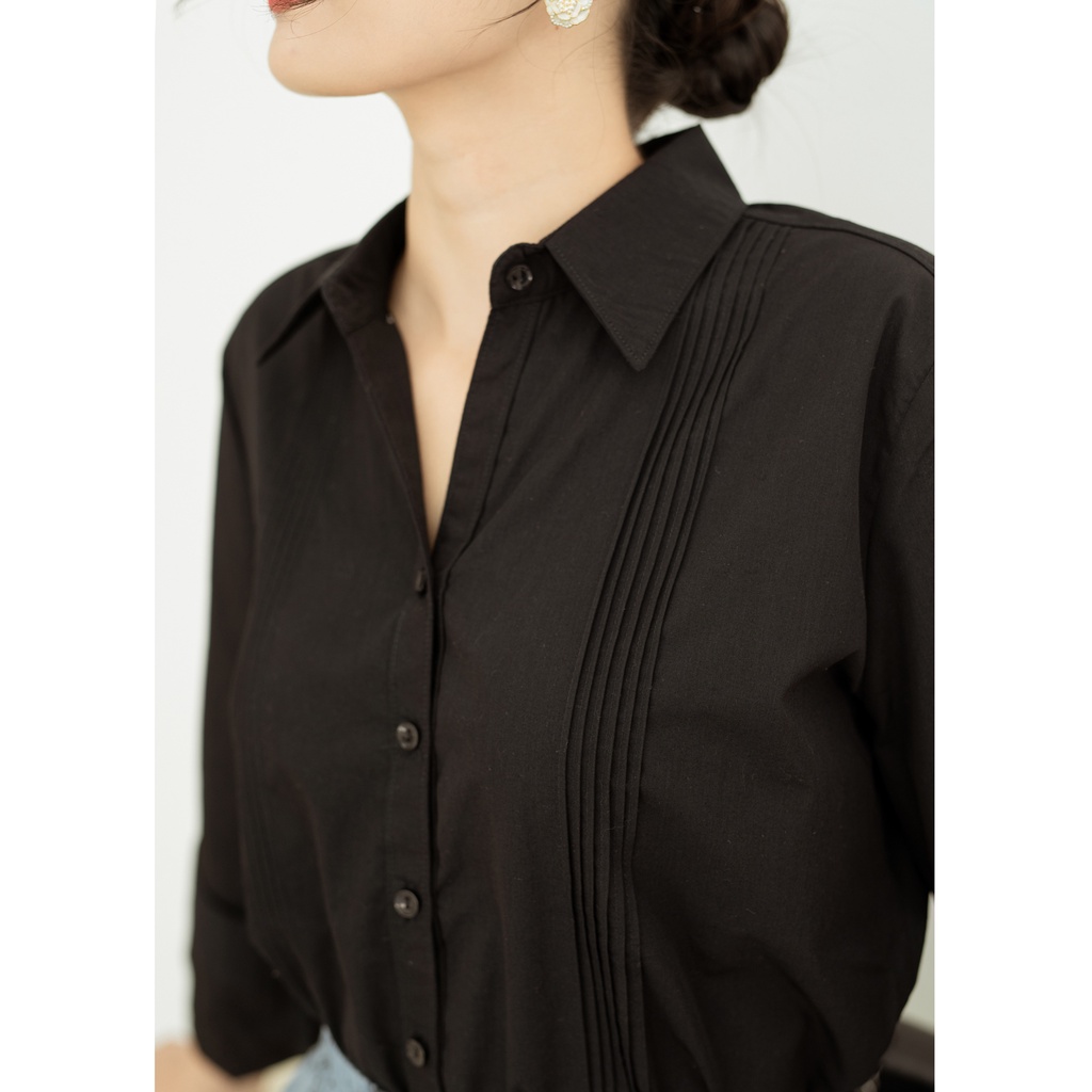 Áo Sơ Mi Tay Dài Công Sở Nữ Cotton Phom Ôm Xếp Ly - A10522LW01