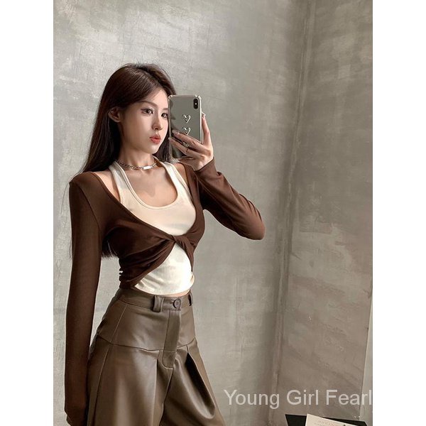 Áo Thun Tay Dài Giả Hai Lớp Phong Cách Hàn Quốc Thời Trang Thu Đông Cho Nữ