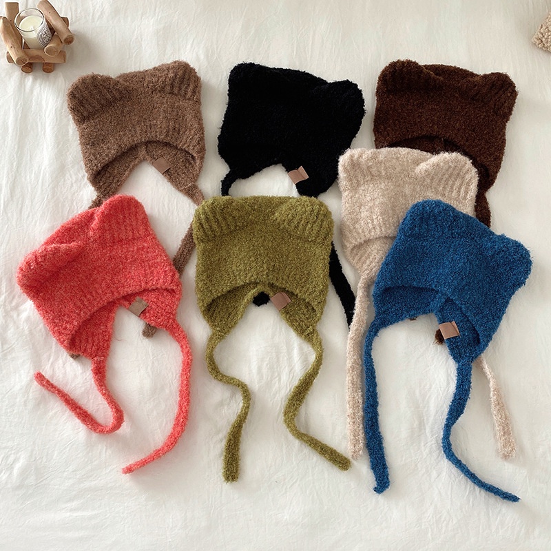 Mũ Len Dệt Kim Che Tai Chống Gió Ấm Áp Hình Tai Gấu Nhỏ Dễ Thương Phong Cách Hàn Quốc Cho Bé