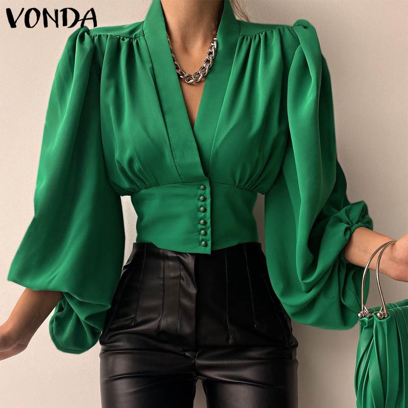 Áo Sơ Mi Tay Dài Cổ Chữ v Màu Sắc Trơn Phong Cách vintage Dành Cho Nữ