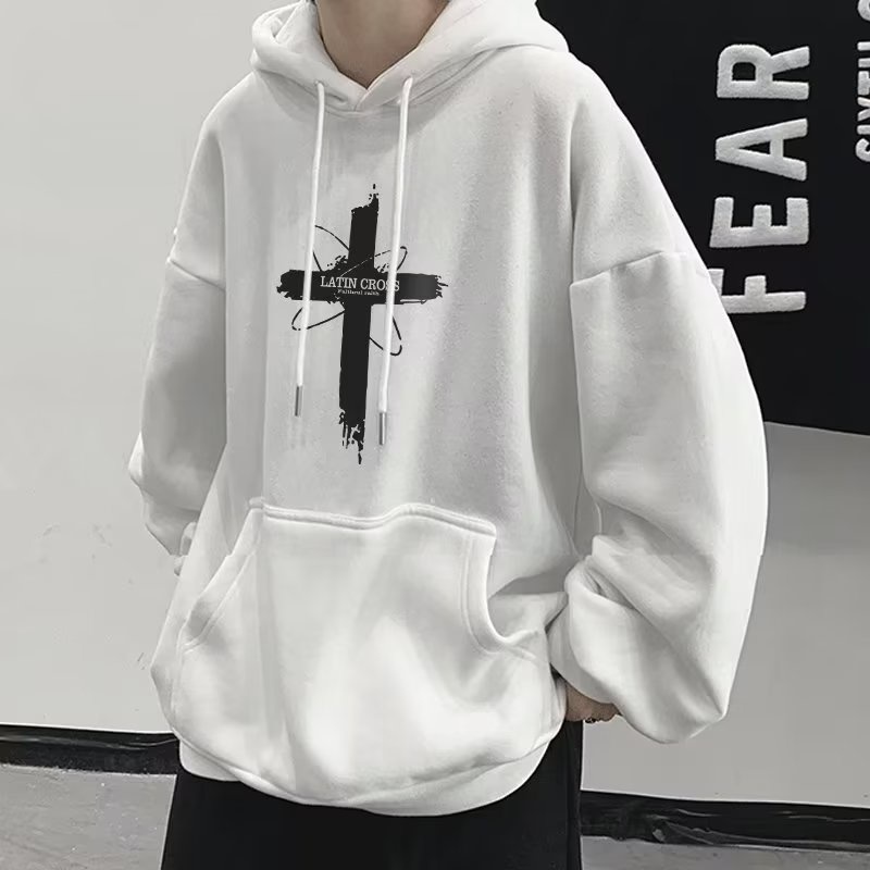Áo hoodie cotton Nhung Dày Dặn Tay Dài In Chữ Thập Thời Trang Đường Phố Mỹ size m-5xl Dành Cho Nam