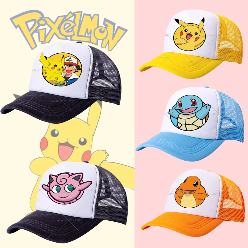 [Hàng giao ngay] Mũ bóng chày hoạt hình Pokemon Pikachu Mũ che nắng mùa hè Mũ lưới thoáng khí Mũ chố