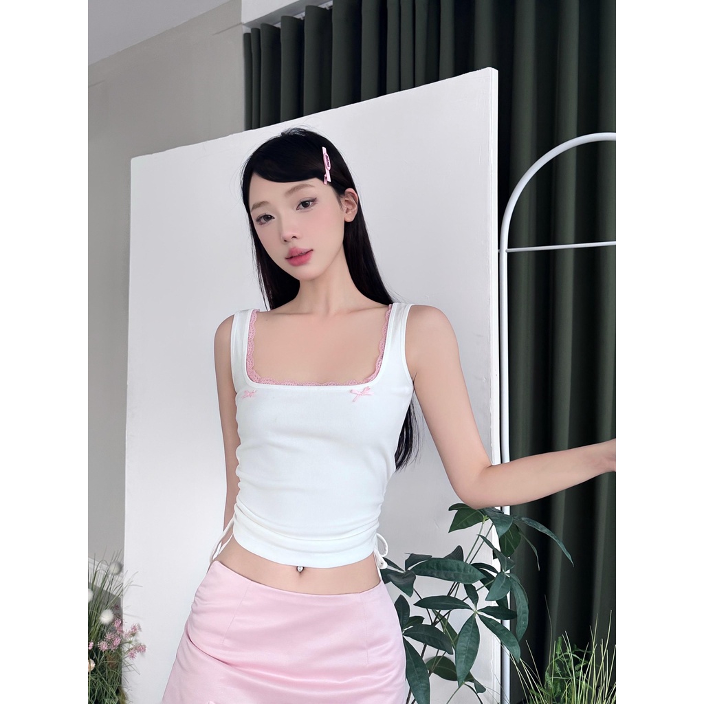 Áo croptop thun 2 dây chiết eo phối ren MONÁ - SODA