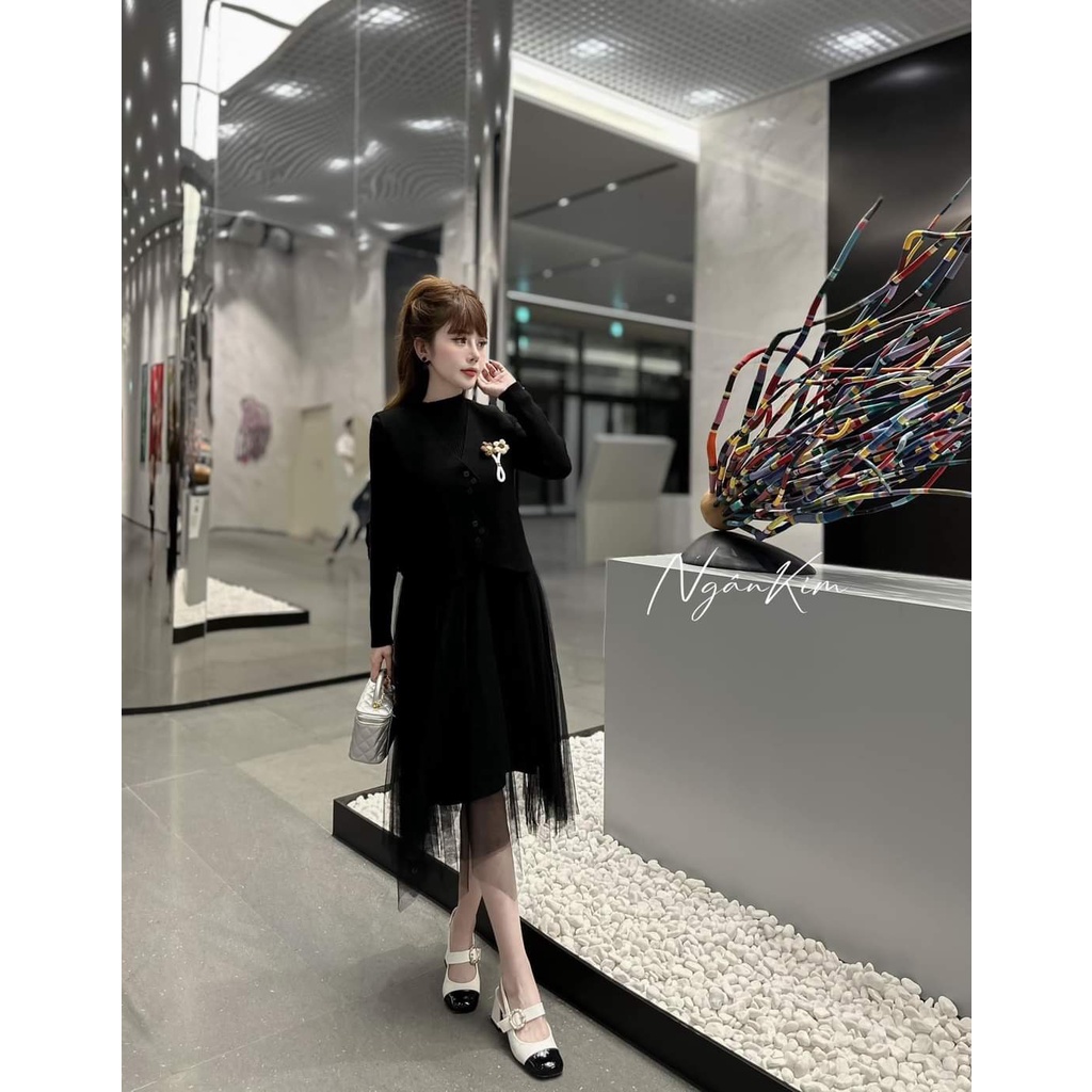 Set váy len chân voan áo gile hoa nhỏ hàng QC